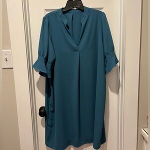 Teal V-Neck Ruffle Sleeve Shift Dress